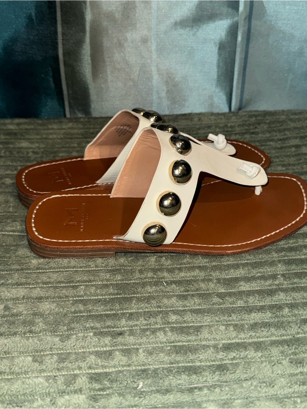 Marc Fisher White Leather Toe-Post Sandals with Metal Studs